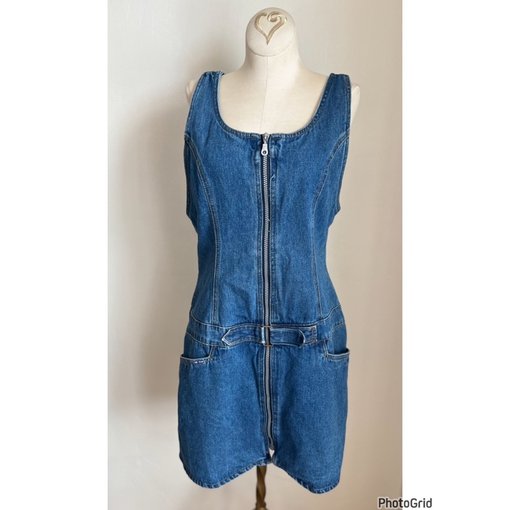 Vintage Y2K On Fire Denim Overall Dress Zipper Pockets Medium